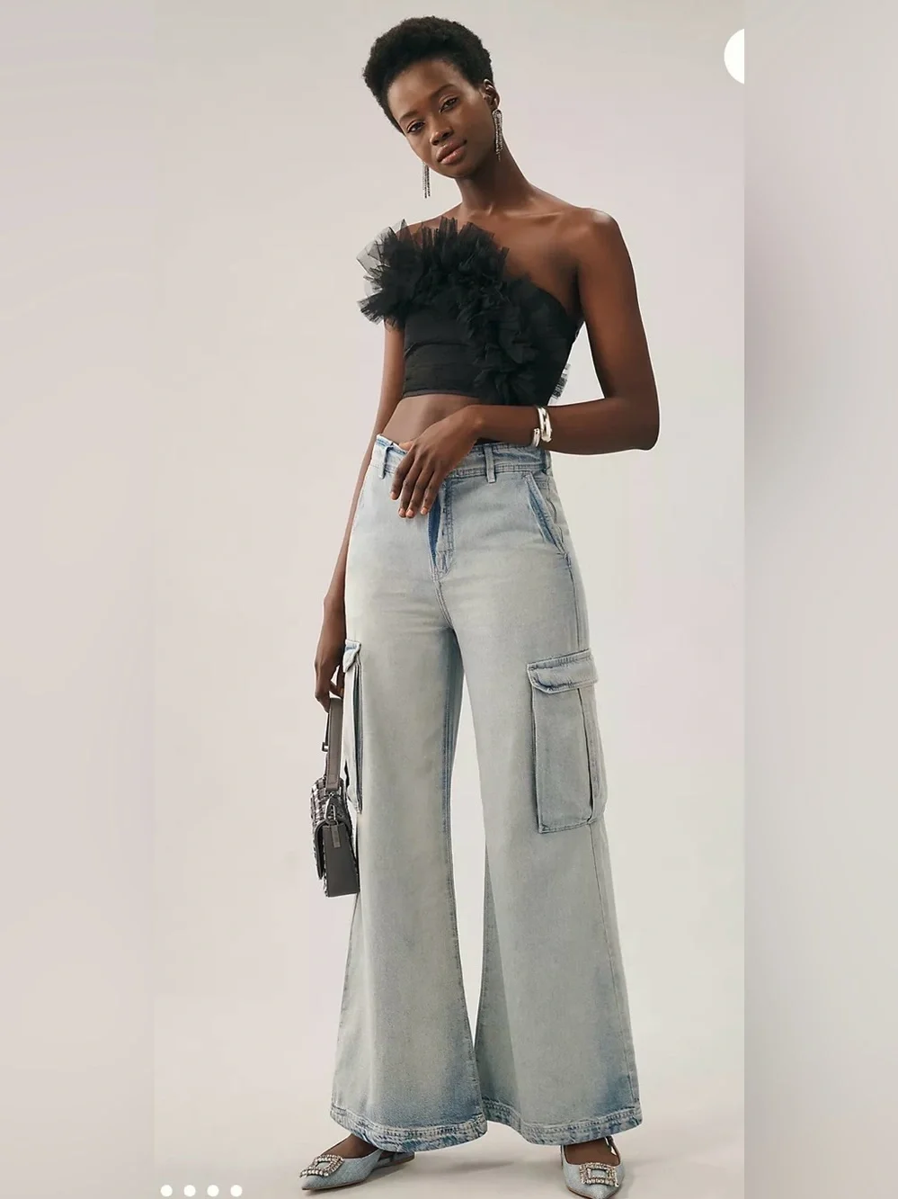 Pilcro Light Wash Wide-Leg Cargo Jeans - Blue